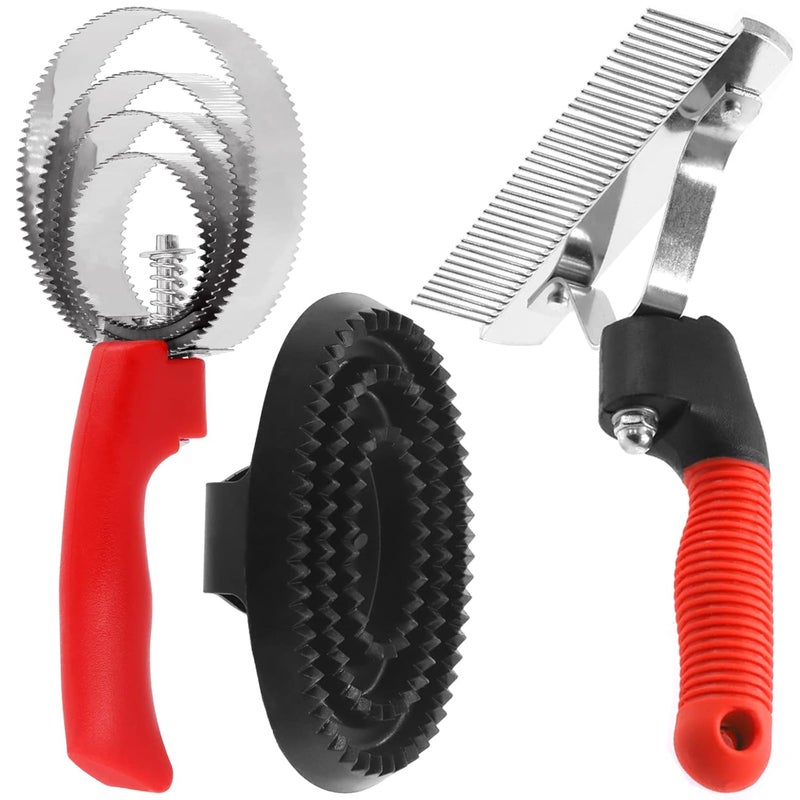 Rustark 3pcs Reversible Stainless Steel Curry Grooming Set with 4 Rings: Large Rubber Comb, Scotch Type Comb, Metal Brush for Cows, Sheep, Dogs, Goats, Horses - Image 1